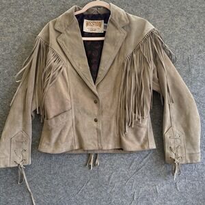 Vintage Schott Western Jacket Womens 14 Tan Suede Fringe USA‎ Lined 90s Cowgirl